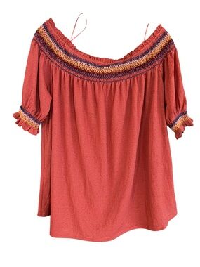 Flower & Feather 1XL Rust Smocked Off Shoulder Boho Blouse Top